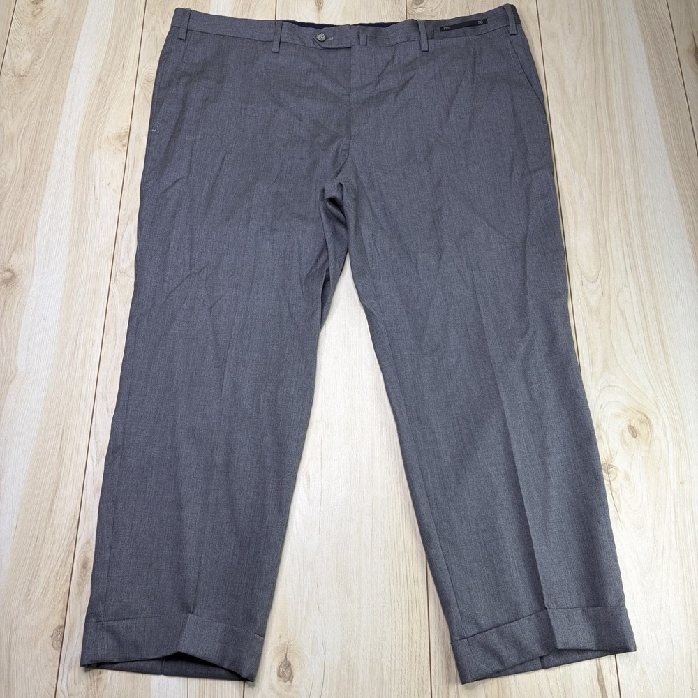 PT01 Solid Gray Super 100s Wool Flat Front Trousers Mens 42x26 Slim Fit Pants